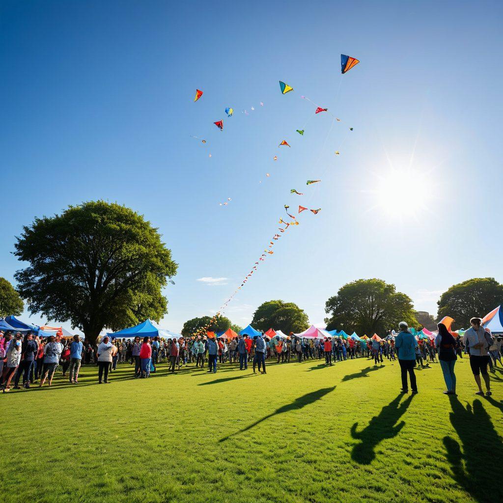 A vibrant scene of a kite competition in a sunny park, filled with diverse people of all ages, flying colorful kites in various shapes and sizes. The sky is dotted with kites of bright hues, and spectators are cheering with joy. Festive banners and balloons adorn the area, adding to the celebratory atmosphere. Incorporate lush green grass and a clear blue sky to create a cheerful ambiance. super-realistic. vibrant colors.