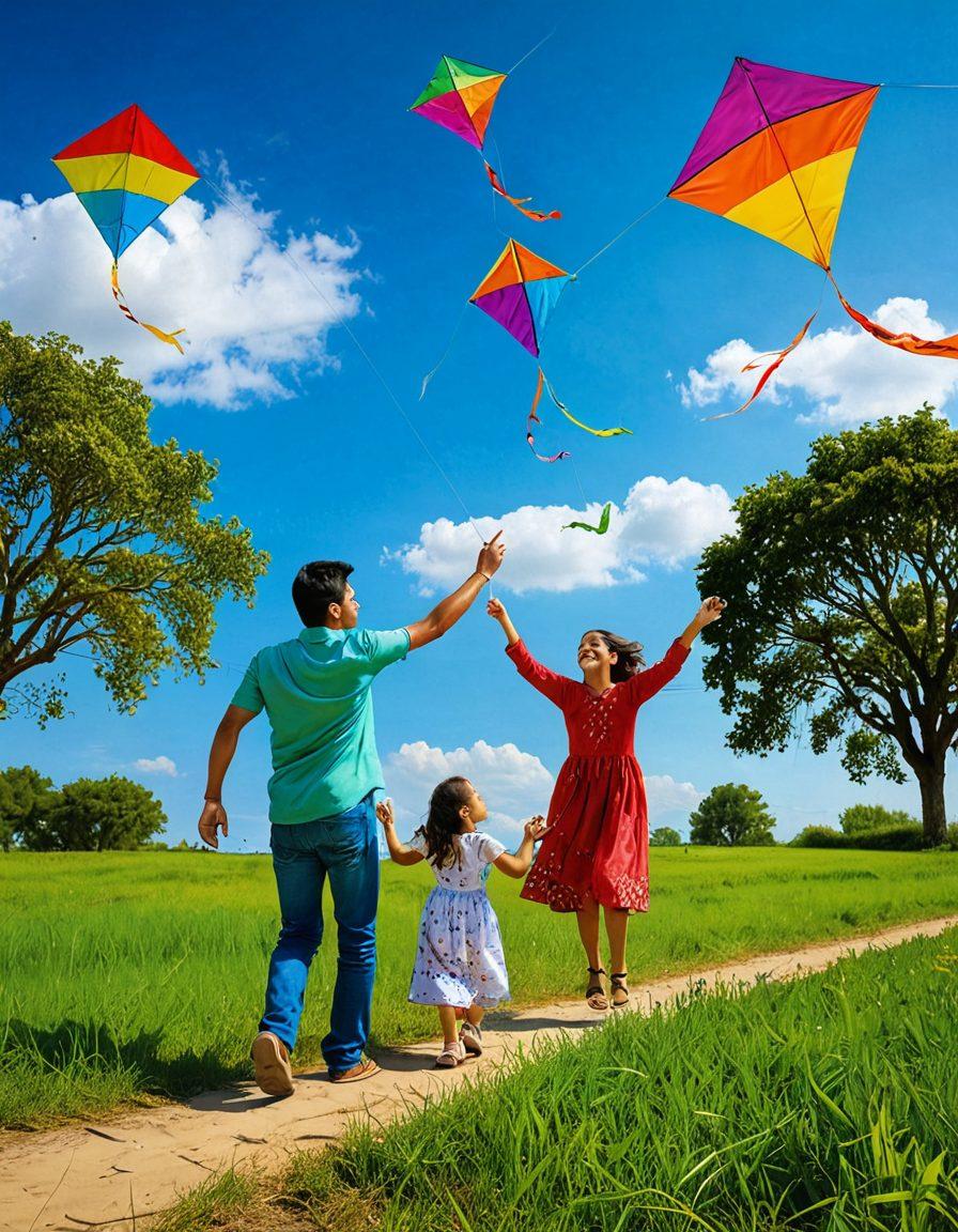 A vibrant scene of a family flying colorful kites against a bright blue sky, with kites in various shapes and designs soaring high. Surrounding them, children play and laugh, while lush green fields create a refreshing backdrop. Include traditional elements like patterned kites celebrating cultural heritage. Showcase a warm, sunny day filled with joy and laughter. super-realistic. vibrant colors.