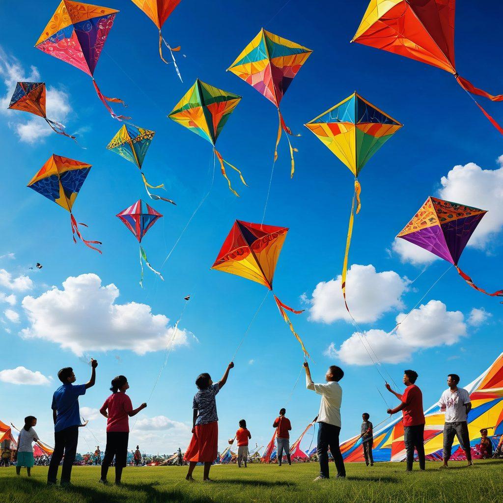 A colorful array of various kites soaring high in a bright blue sky, with intricate patterns and designs showcasing different cultures. Below, a group of diverse individuals is engaged in kite-making, surrounded by vibrant craft materials and tools. Sunlight filters through fluffy clouds, casting playful shadows. The scene exudes a sense of joy and creativity, inviting the viewer to join in the fun. vibrant colors. super-realistic.